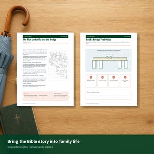 May include: Two educational activity sheets titled The Blue Umbrella and the Bridge and Build a Bridge That Helps, featuring text, a line drawing of children playing, and a diagram of a bridge with a toy car, alongside a closed dark green book.