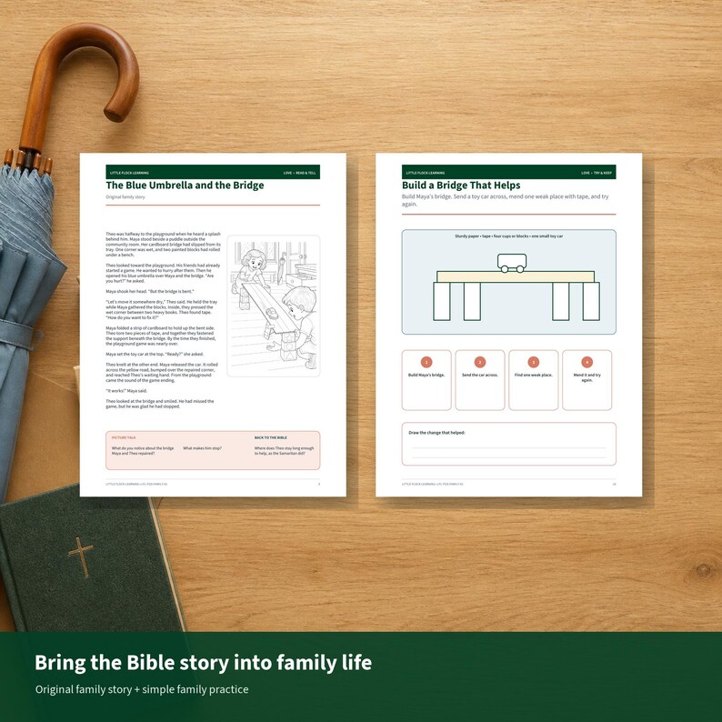 May include: Two educational activity sheets titled The Blue Umbrella and the Bridge and Build a Bridge That Helps, featuring text, a line drawing of children playing, and a diagram of a bridge with a toy car, alongside a closed dark green book.