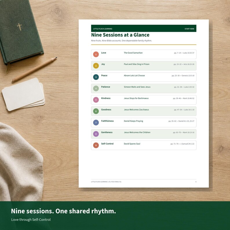 May include: A white educational document titled Nine Sessions at a Glance by Little Flock Learning. It lists nine numbered rows with colored circles, each featuring a fruit of the spirit, a corresponding Bible story, and scripture references.