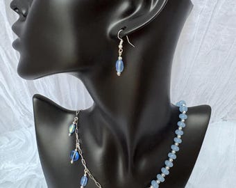 Handmade Blue Silver Beaded Jewelry Set, Asymmetrical Necklace, Matching Bracelet Earrings (3 Piece set)