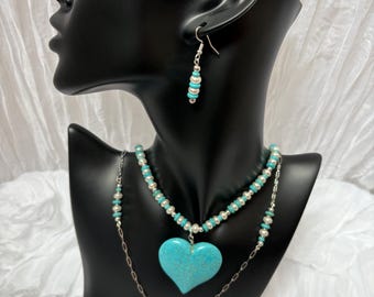 Handmade Turquoise Heart Beaded Jewelry Set, Aqua White Silver Tone (4 Piece)