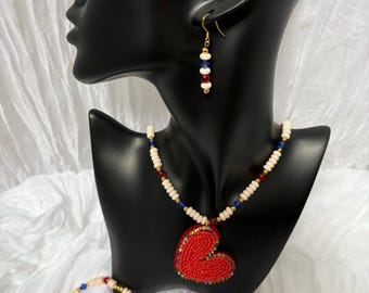 Handmade Red Heart Beaded Jewelry Set, Cream Blue Gold Accents (3 Piece)