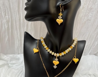 Handmade Yellow Heart Beaded Jewelry Set, Layered Necklace, Earrings (18" Choker, 25" Long)