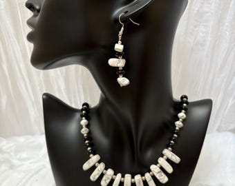 Handmade Black White Marble Look Beaded Jewelry Set, Silver Tone, Statement Necklace Bracelet Earrings