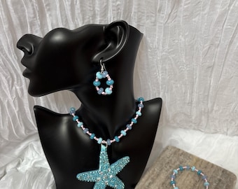 Handmade Turquoise Starfish Beaded Jewelry Set, Coastal Beach Necklace Bracelet Earrings