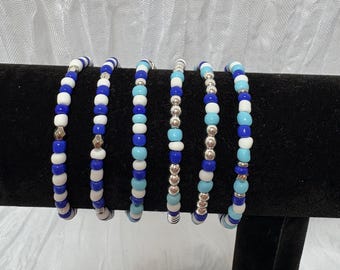 Blue & White Beaded Stretch Bracelet