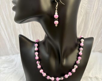 Handmade Pink Swirl Bead Necklace, Bracelet, Earrings Set, Black White Accents