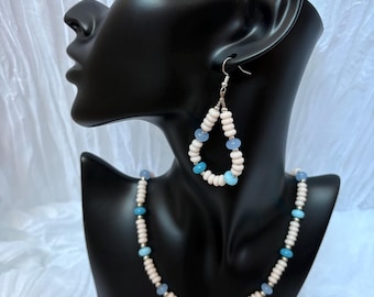 Handmade Blue Cream Beaded Jewelry Set, Silver Tone Necklace Bracelet Earrings