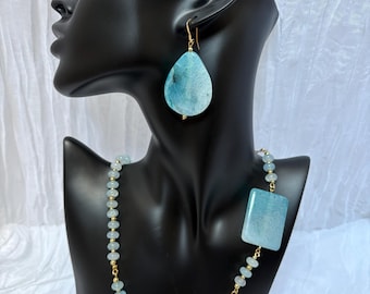 Handmade Aqua Blue Gold Beaded Jewelry Set, Matching Necklace Bracelet Earrings