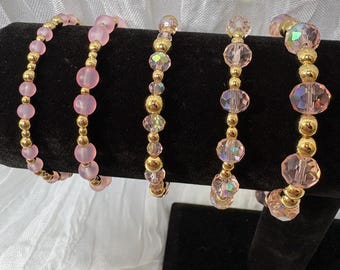 Pink & Gold Beaded Stretch Bracelet