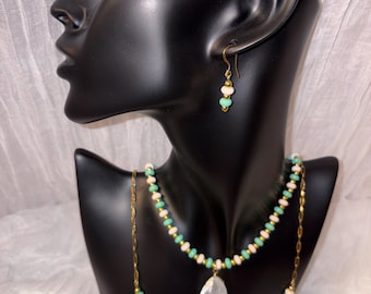Handmade Mint Green Ivory Gold Jewelry Set, Pearlescent Pendant, 4 Piece Set