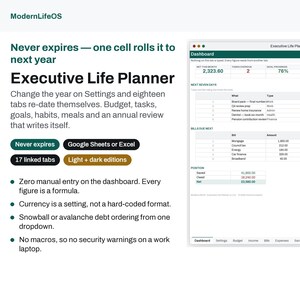 Life Planner Google Sheets, All in One Excel Life Admin Spreadsheet, Budget Tasks Goals Habits Meal Planner, Light and Dark, Never Expires