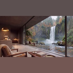 May include: A modern interior space featuring a wooden armchair with a cream-colored throw blanket, a low wooden coffee table with a book and a cup, and a large glass wall overlooking a waterfall cascading into a pool surrounded by autumn trees.