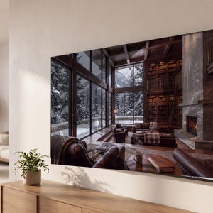 May include: A large, rectangular, flat-screen television mounted on a light-colored wall, displaying a high-definition image of a cozy, rustic library interior with floor-to-ceiling windows overlooking a snowy, forested mountain landscape.