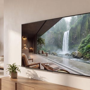 Può includere: Un grande televisore con cornice sottile montato su una parete di colore chiaro, che mostra un'immagine ad alta definizione di una cascata che scorre in un ruscello accanto a un patio moderno con mobili in legno, visto da un'angolazione laterale.