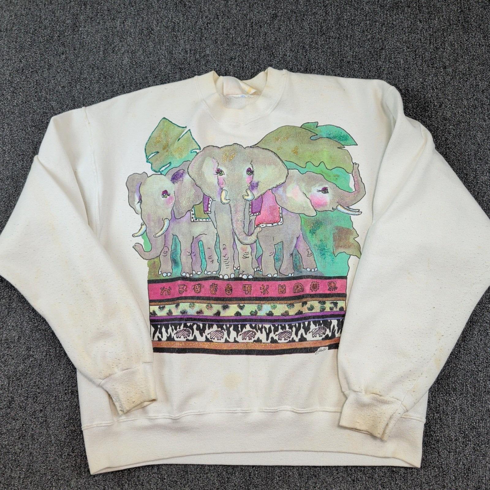 Tiger Lily Vintage 90s Elephant Graphic Sweatshirt L White Glitter Safari Boho — photo 2