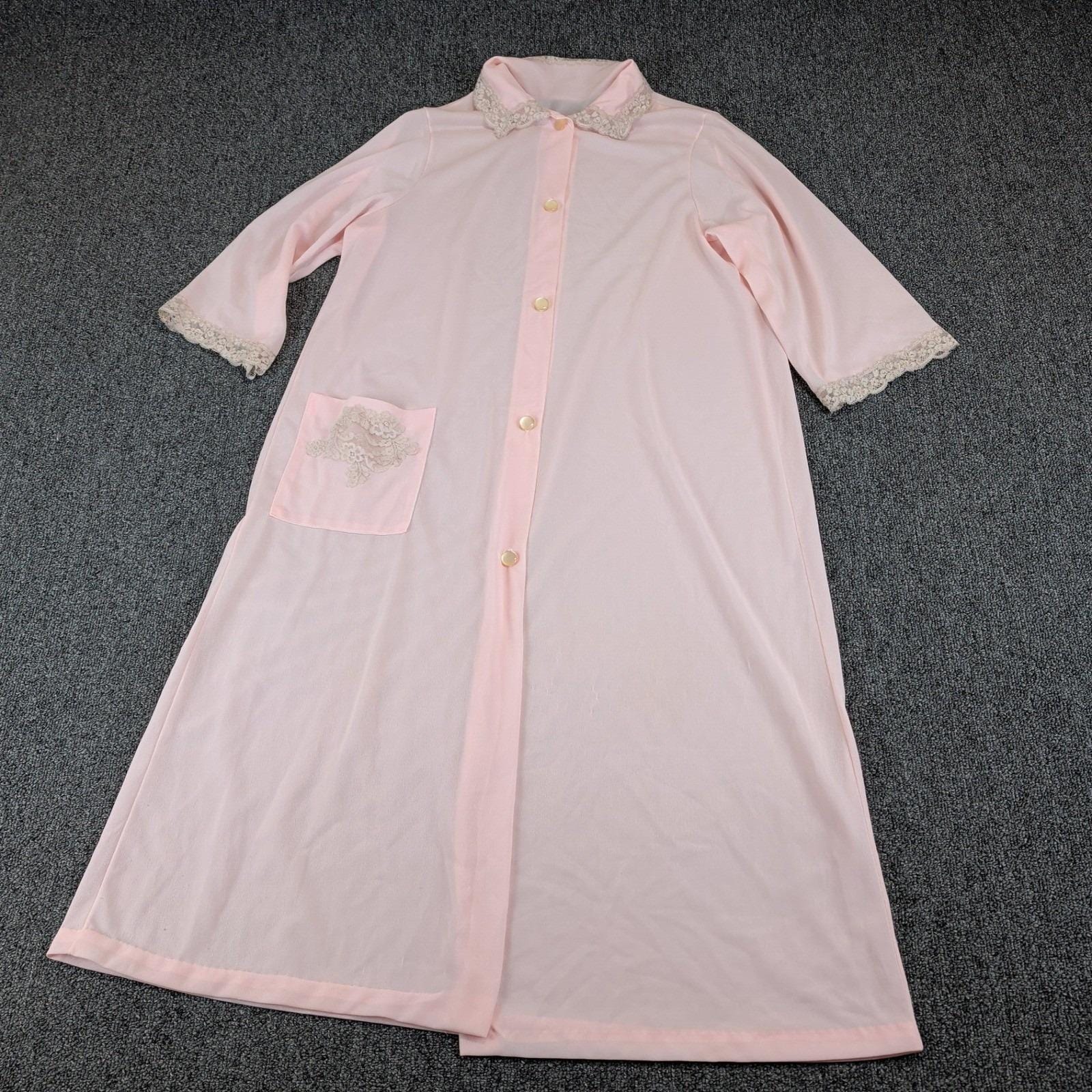 Shirey Womens Vintage 60s Robe Housecoat 13/14 Nylon Pink Lace Trim Button Front — photo 2