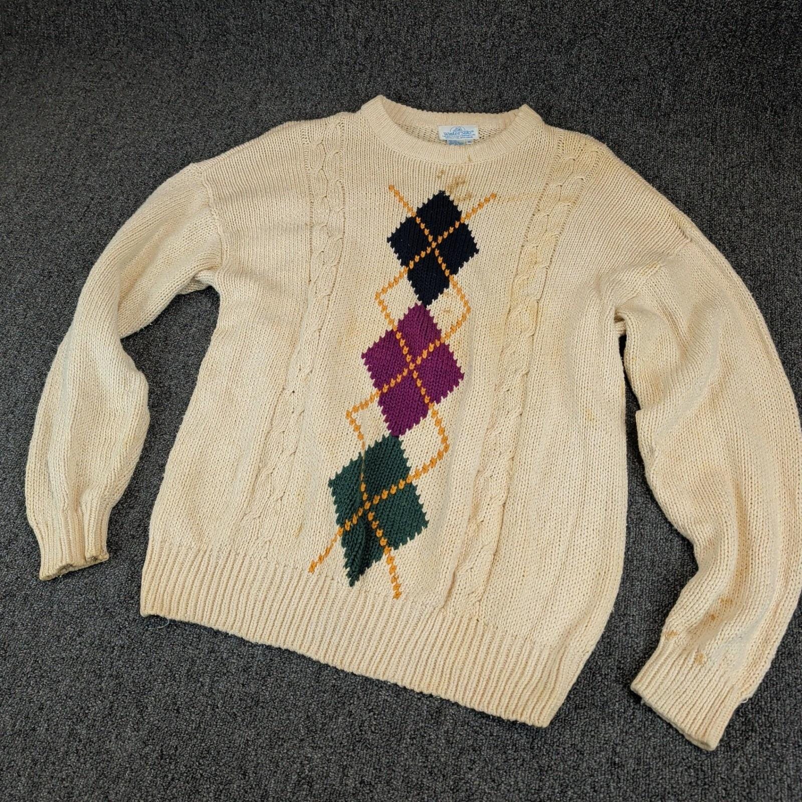 WinterSilks Mens Sweater XL Silk Cotton Cream Argyle Cable Knit Vintage Relaxed — photo 2