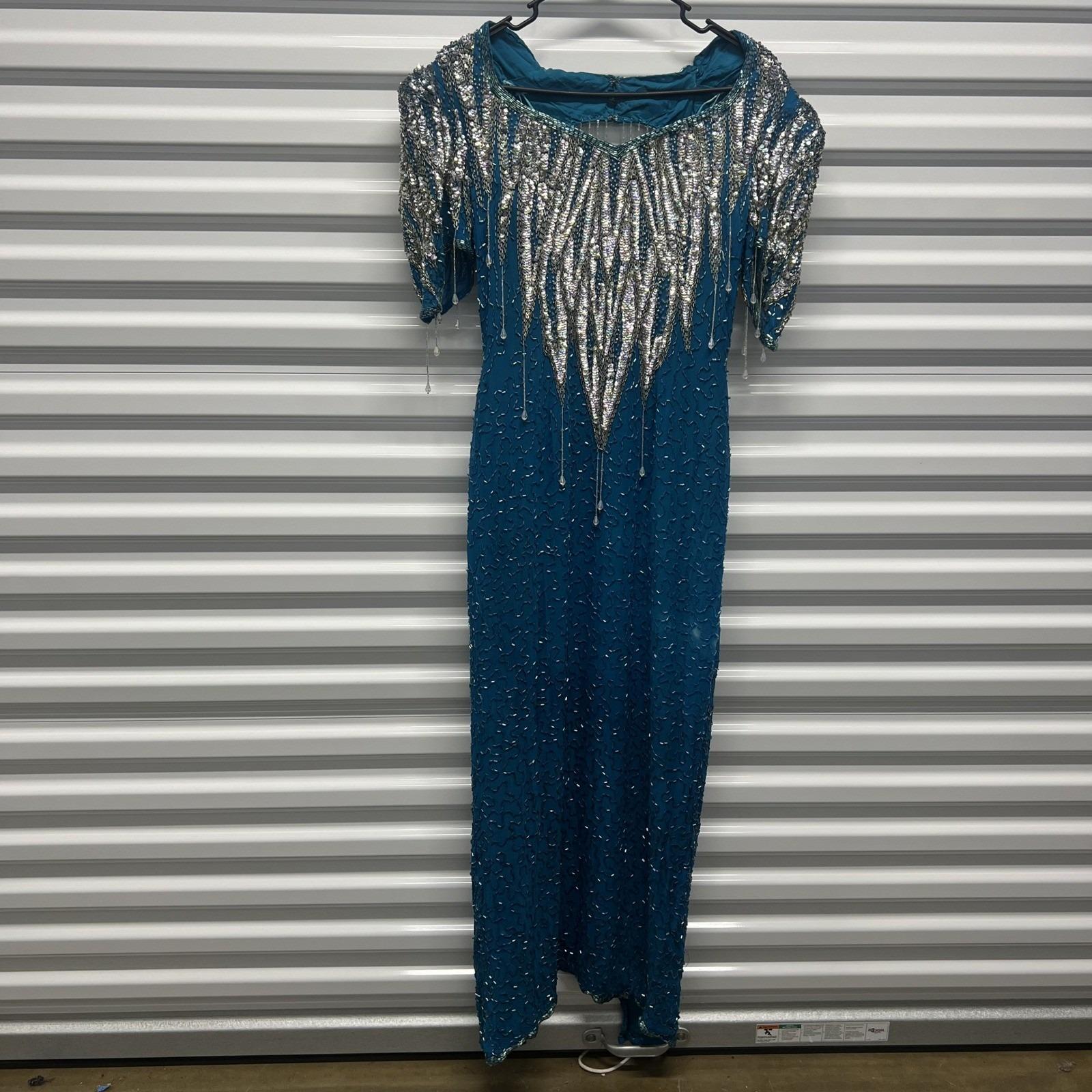 Vintage Silk Beaded Sequin Gown Small Teal Blue Open Back Formal Maxi Dress — photo 2