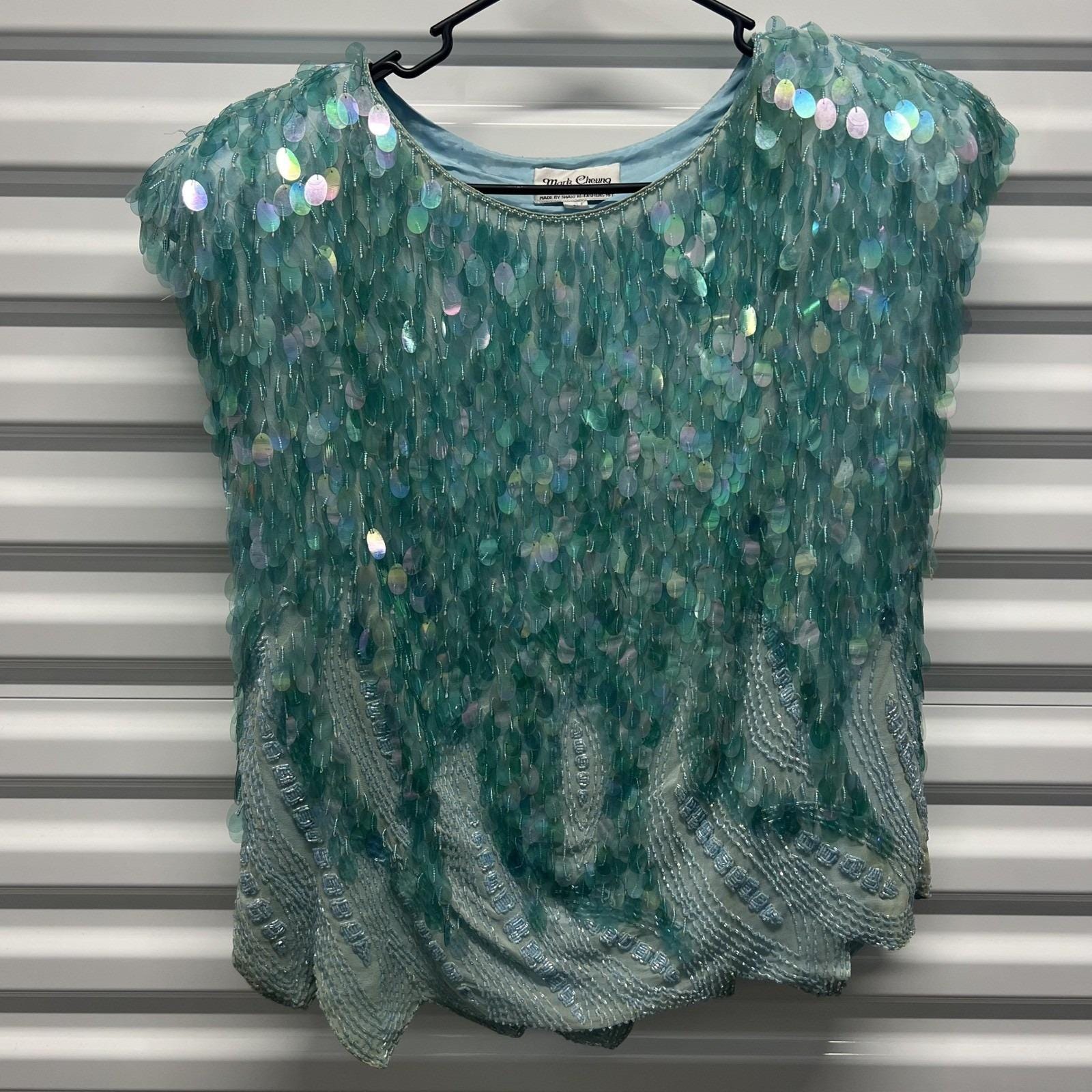 Mark Cheung Womens Sequin Silk Top L Aqua Blue Beaded Vintage Scalloped Evening — photo 2