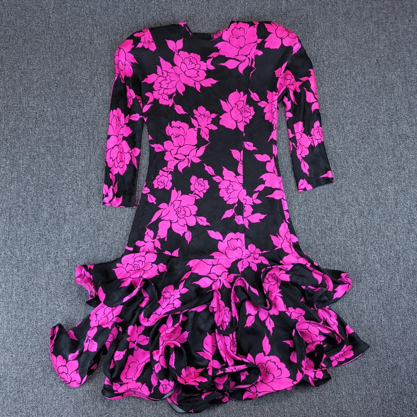Lillie Rubin Vintage 80s Silk Floral Ruffle Gown Women 4 Pink Black Maximalist — photo 2