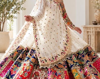Ivory Multicolor Embroidered Lehenga Choli, Festive Indian Wedding Outfit