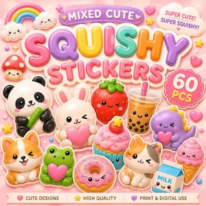 Puede incluir: Un set de 60 pegatinas coloridas con personajes de dibujos animados como panda, conejo, fresa, té boba, dinosaurio, cupcake, donut, gato, cartón de leche y seta. El texto dice MIXED CUTE SQUISHY STICKERS, 60 PCS, SUPER CUTE! SUPER SQUISHY!, CUTE DESIGNS, HIGH QUALITY, PRINT & DIGITAL USE.