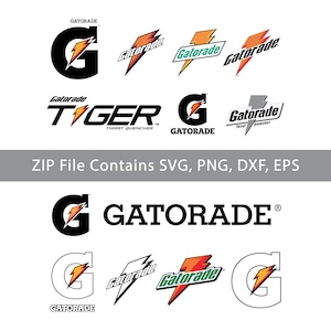 以下が含まれることがあります： Gatoradeブランドのロゴコレクション。稲妻が描かれたGの文字、Gatoradeのフルワードマーク、Gatorade Tigerのテキストなど、様々なスタイルが含まれています。画像には「ZIP File Contains SVG, PNG, DXF, EPS」というテキストが含まれています。