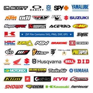 May include: A collection of various motorcycle and motocross brand logos arranged in a grid, including Scott, Oakley, Husqvarna, Spy, Yamalube, KTM, Odi, Fly Racing, Fox, Suzuki, Supersprox, Akrapovic, Acerbis, FMF, Kawasaki, HRC, Leatt, ASV, Braking, Ogio, 6D, WP, Thor, Shift, Rekluse, ProTaper, Rockstar, Honda, Bell, D.I.D, Motorex, Hinson, TwinAir, Yamaha, Klim, GasGas, Ethika, KYB, Renthal, Showa, Cycra, and Fasthouse. Text states: ZIP File Contains SVG, PNG, DXF, EPS.