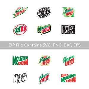 May include: A collection of twelve distinct Mountain Dew and Diet Mountain Dew logo variations in various fonts and color schemes, including green, red, black, and white designs. The text ZIP File Contains SVG, PNG, DXF, EPS is visible.