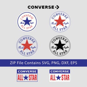 May include: A collection of Converse All Star logos in various circular and rectangular formats. The designs feature the Converse text, a central star, and the script text Chuck Taylor All Star. A blue banner states: ZIP File Contains SVG, PNG, DXF, EPS.