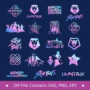Op de afbeelding: Een verzameling digitale grafische ontwerpen met blauw en roze verlooplogo's, tekst waaronder K-POP DEMON HUNTERS, HUNTR/X, SAJA BOYS en STAR, samen met silhouetten van personages, gestileerde dierenkoppen en geometrische knooppatronen.