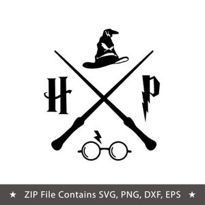 May include: A black graphic design featuring two crossed wands, a pointed hat at the top, round glasses with a lightning bolt at the bottom, and the letters H and P on the sides. The text at the bottom reads: ZIP File Contains SVG, PNG, DXF, EPS.