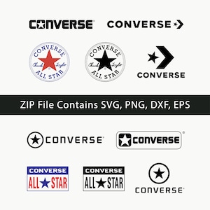 May include: A collection of Converse brand logos in various styles, including circular Chuck Taylor All Star emblems, text-based logos, and chevron designs. The text ZIP File Contains SVG, PNG, DXF, EPS is displayed in a black horizontal bar.