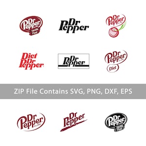 May include: A collection of nine Dr Pepper logo variations in maroon, black, and white. The designs include standard text, Diet Dr Pepper, and Vanilla Float versions. The text at the bottom states: ZIP File Contains SVG, PNG, DXF, EPS.