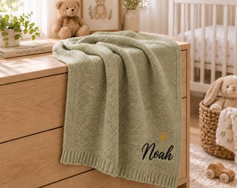 Personalisierte Babydecke aus Strick, gestickter Name & Symbol, Geschenk zur Babyparty
