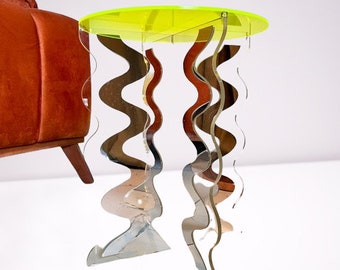 Neon Acrylic Coffee Table | Wavy Leg Design and Mirror Accents Pop Art Maximalist Decor | Contemporary Furniture