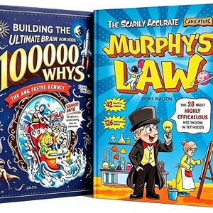 May include: Two hardcover books side-by-side. The left book is dark blue with the title Building the Ultimate Brain 100,000 Whys and a rocket illustration. The right book is light blue with the title Murphy's Law and a cartoon scientist.