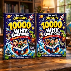 May include: Two identical hardcover books titled Build Big Curiosity For Kids 10000 Why Questions. The dark blue covers feature colorful illustrations of children, a microscope, a dinosaur, a rocket, and space elements on a wooden surface.