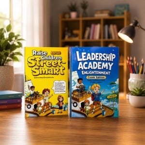 May include: Two hardcover books with illustrated covers. The yellow book is titled Raise Children Street-Smart Comic Edition. The blue book is titled Leadership Academy Enlightenment Comic Edition. Both feature cartoon characters on a boat.