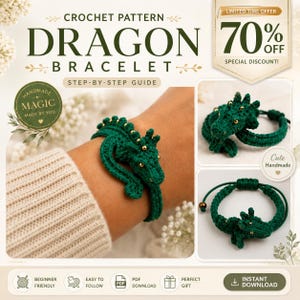 Puede incluir: Una guía de patrón de ganchillo para una pulsera de dragón verde oscuro que presenta una pequeña figura de dragón detallada con acentos de cuentas doradas. La guía incluye instrucciones paso a paso para crear la pulsera con cordón ajustable.