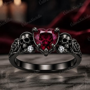 14K Black Gold Gothic Heart Ruby Skull Ring, Halloween Engagement Ring, Gift for Her