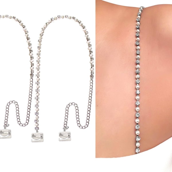 Tirantes para vestido de novia con cristales de perla, desmontables, multiposición, sin costuras, antideslizantes, con ganchos para sujetador con cierre de alfiler, máxima sujeción / de PIN STRAPS