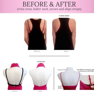 May include: Image showing "Before & After" comparisons of outfit strap adjustments. The text highlights criss-cross, halter neck, and secure strap options. The image demonstrates how to shorten, align, and secure outfit straps.