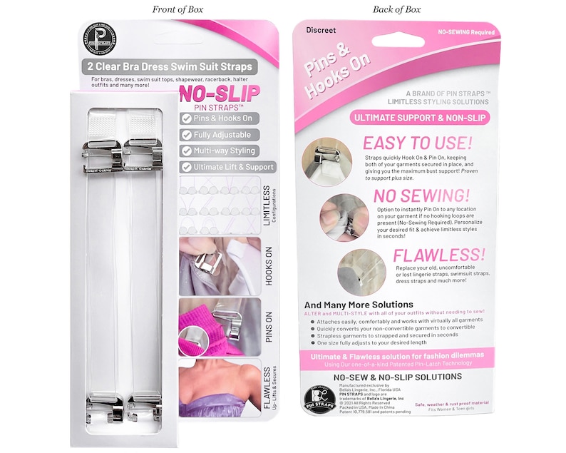 May include: Clear bra dress swim suit straps with metal hardware. The package features the text "NO-SLIP PIN STRAPS" and highlights features like fully adjustable and multi-way styling. The back of the package details ease of use and no sewing required.