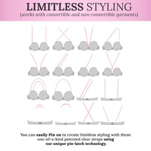 May include: Diagram illustrating various styling options for a bra, using clear straps. The image shows different strap configurations, with the text "LIMITLESS STYLING" at the top. The text below says, "You can easily Pin on to create limitless styling with these one-of-a-kind patented clear straps using our unique pin-latch technology."