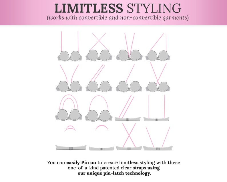 May include: Diagram illustrating various styling options for a bra, using clear straps. The image shows different strap configurations, with the text "LIMITLESS STYLING" at the top. The text below says, "You can easily Pin on to create limitless styling with these one-of-a-kind patented clear straps using our unique pin-latch technology."