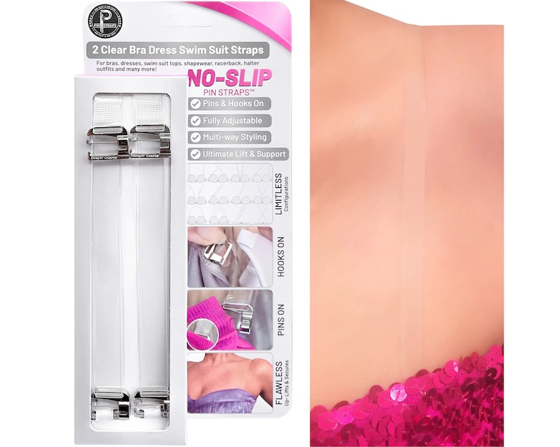 Non slip clear bra straps by Pin Straps that uses our proprietary no-sew pin hooks to provide the ultimate support.