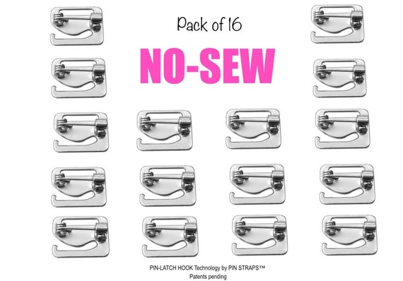 NO-SEW, No-slip Hooks Pack of 16 Unique Silver Metal Pin Latch