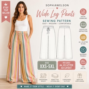 May include: A digital sewing pattern for wide leg pants by SOPHIAWELSON. The image displays a person wearing striped pants with a drawstring waist, alongside technical line drawings of the garment, size range XXS-5XL, and icons for PDF download.